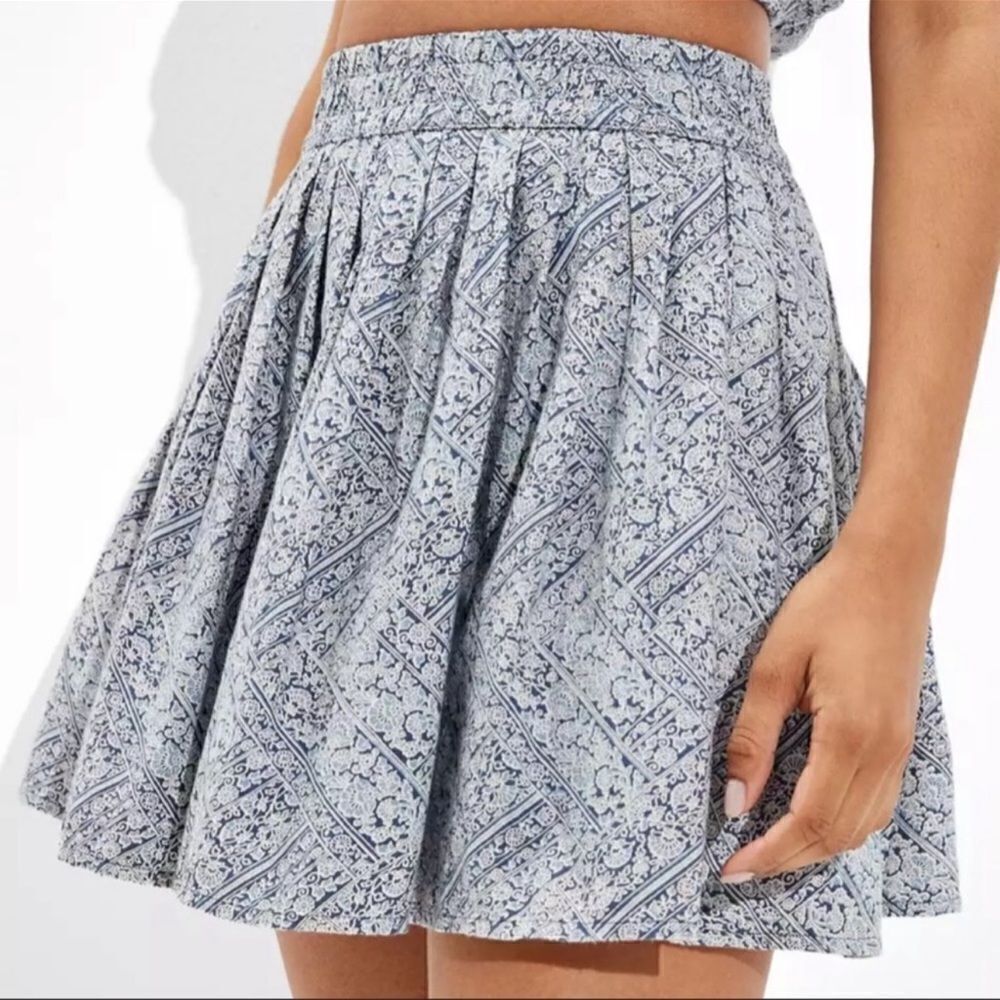 American Eagle Womens Blue & White Linen Blend Boho Pleated Elastic Waist Skirt - Picture 1 of 9